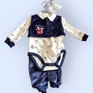 Simply Basic Baby Outfit 6-9 Months Vintage 2002 One Piece w/ Navy Velvet Pants